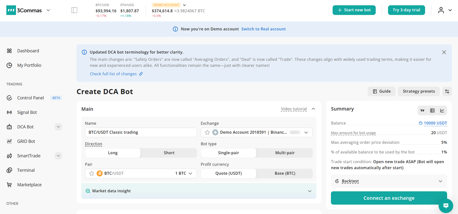3Commas DCA bot screen