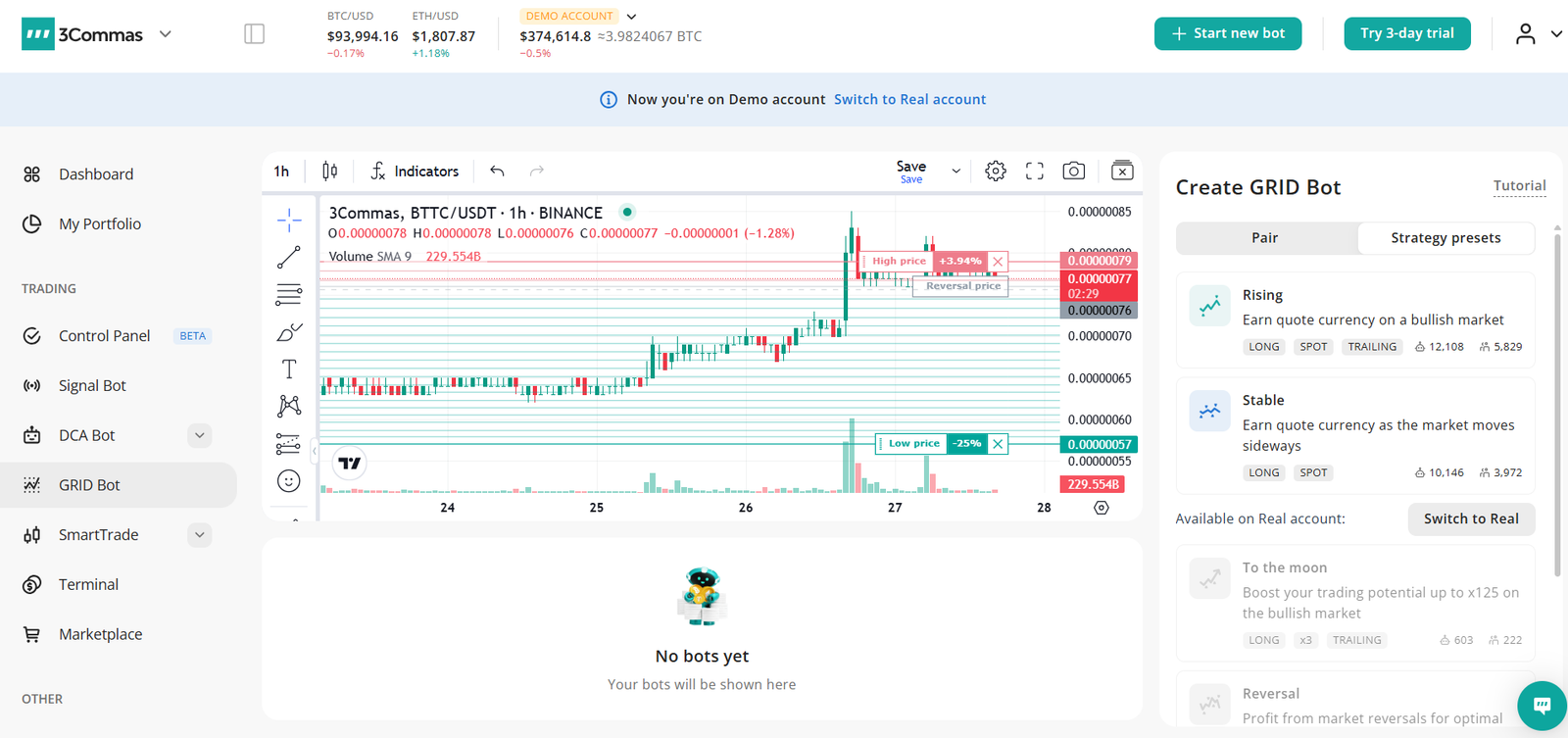 3Commas grid bot screen