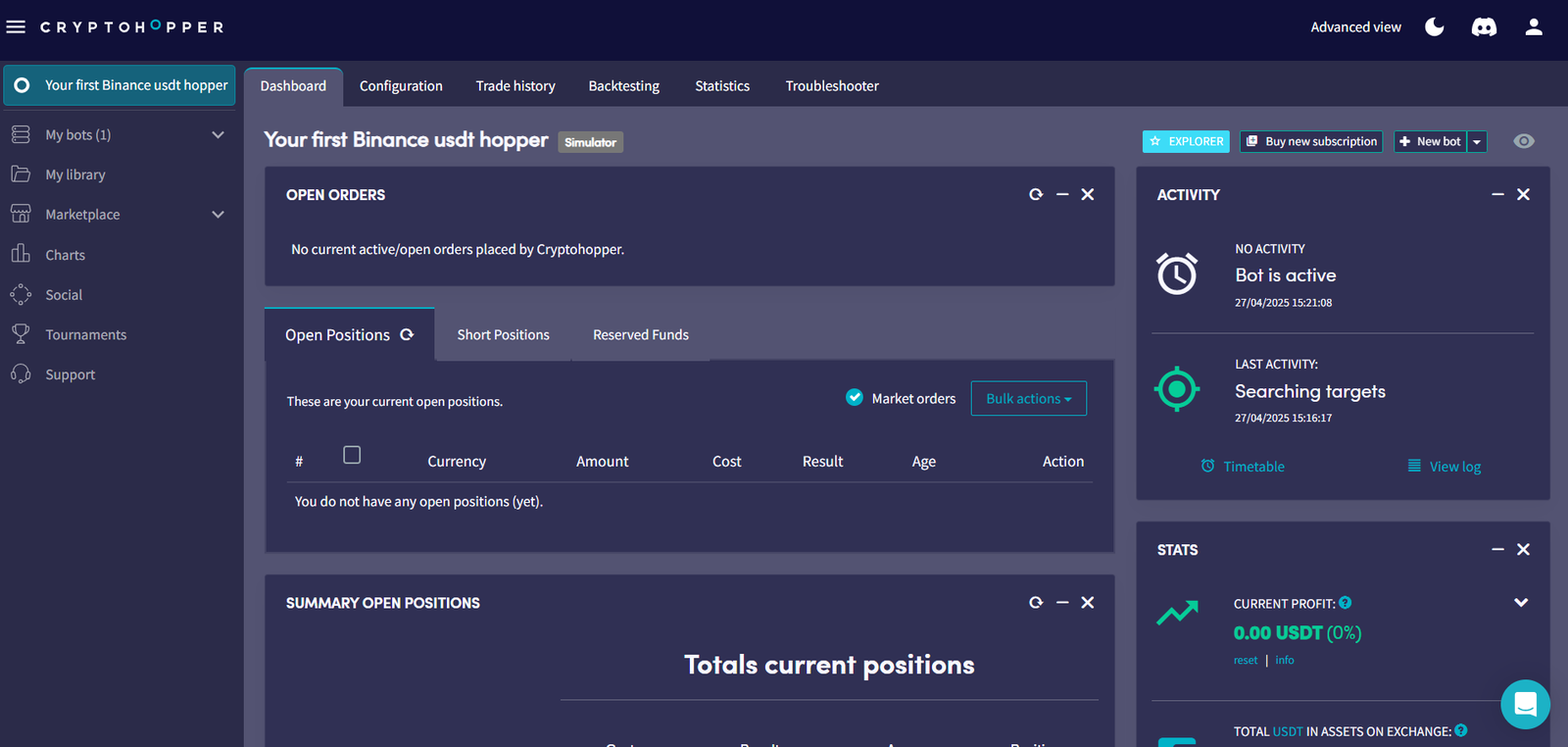 Cryptohopper dashboard overview
