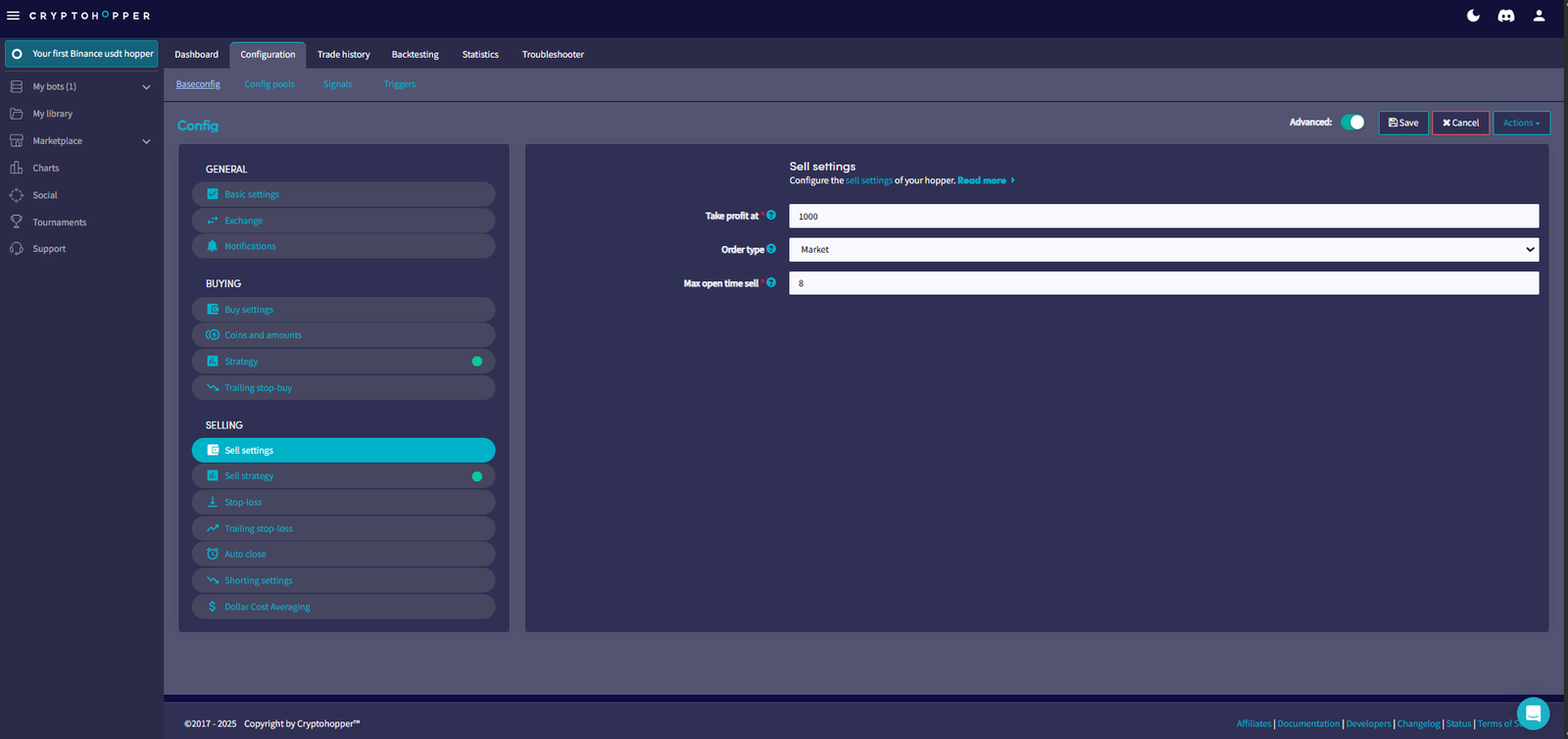 Cryptohopper sell settings
