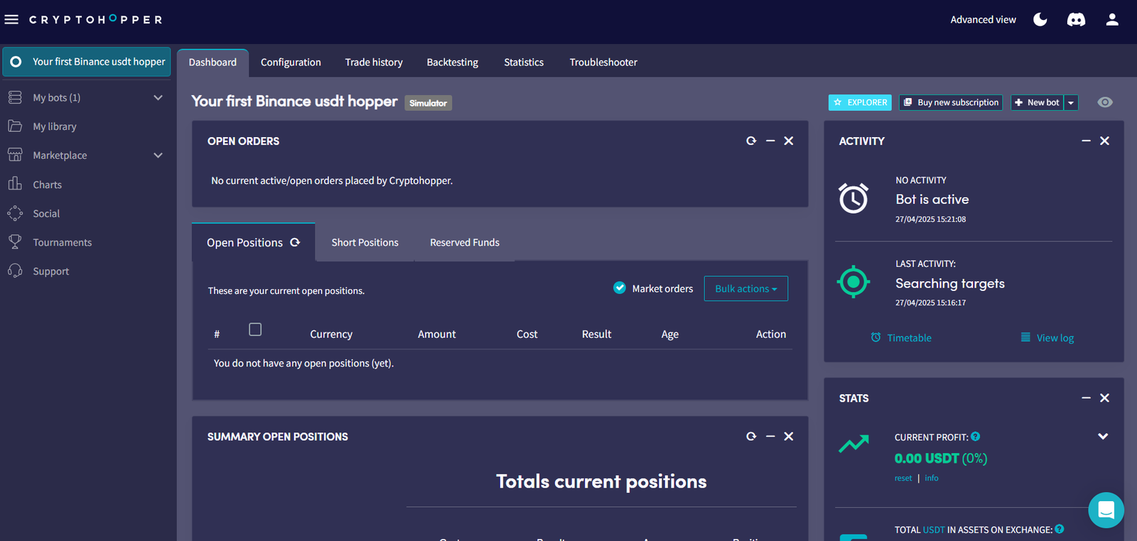 Cryptohopper dashboard overview