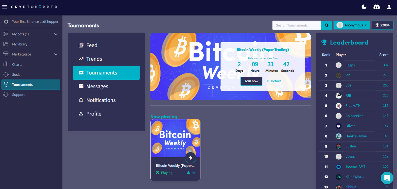 Cryptohopper tournaments section