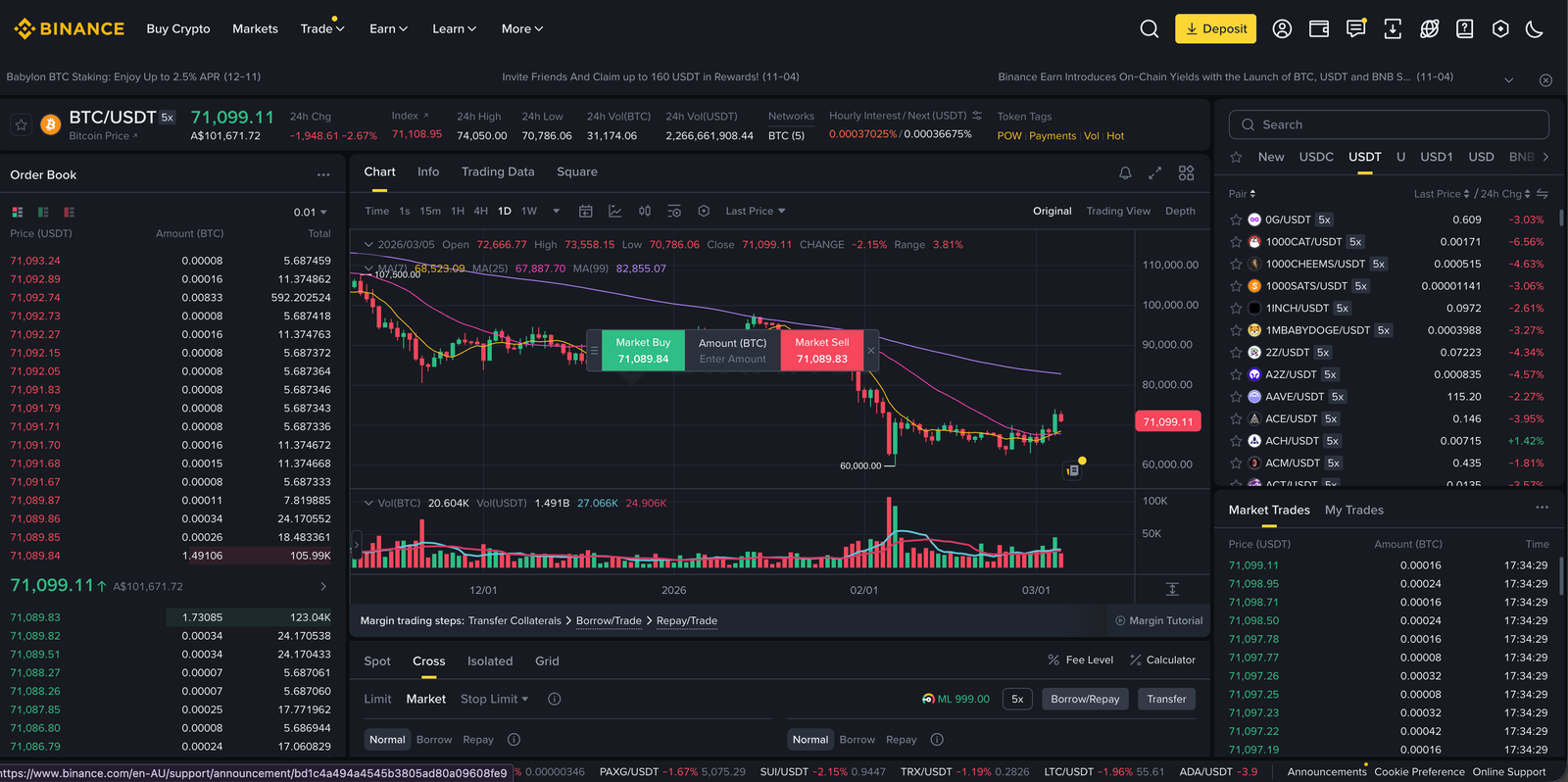 Binance margin trading screen screenshot