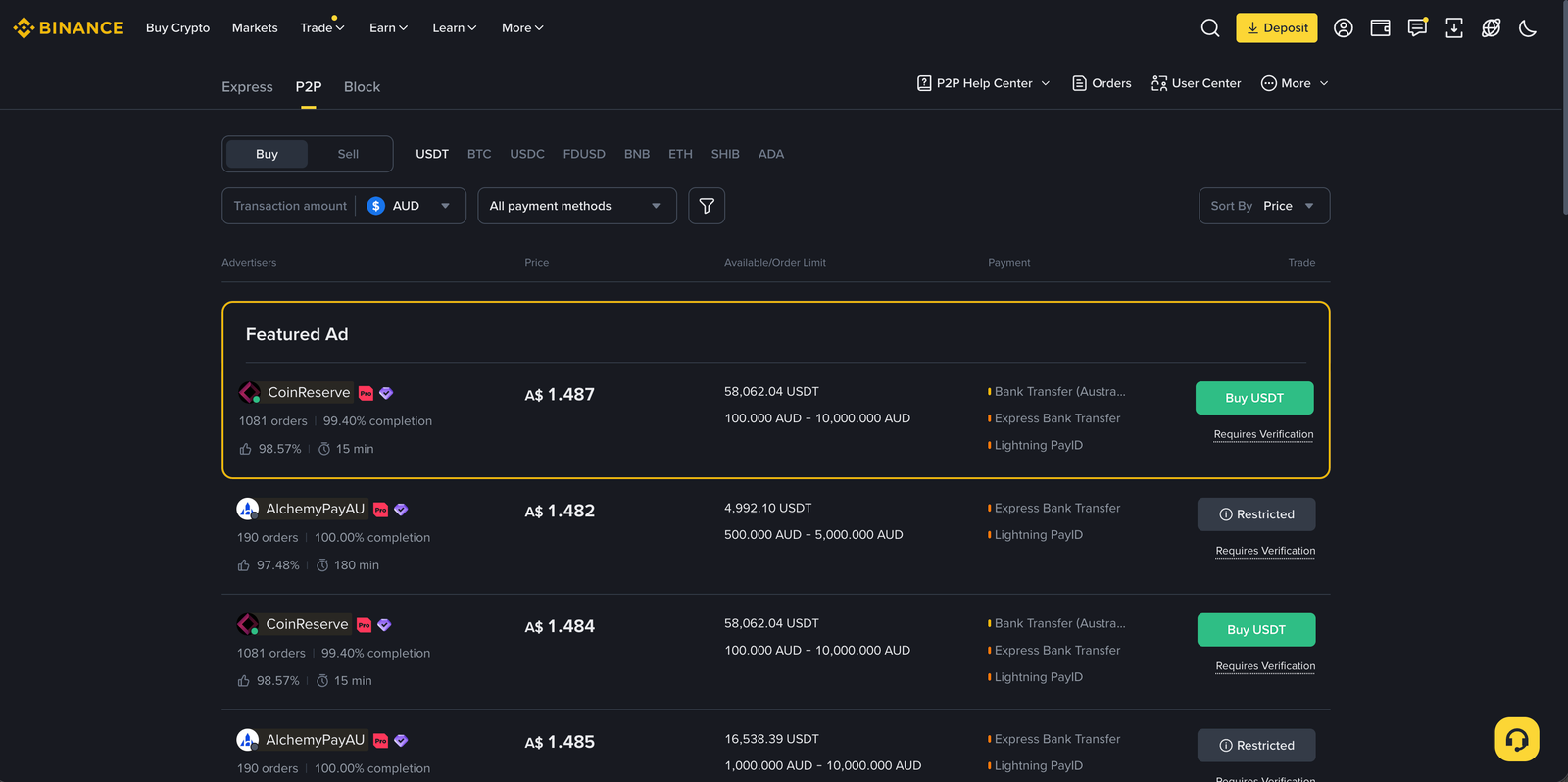 Binance P2P marketplace screenshot