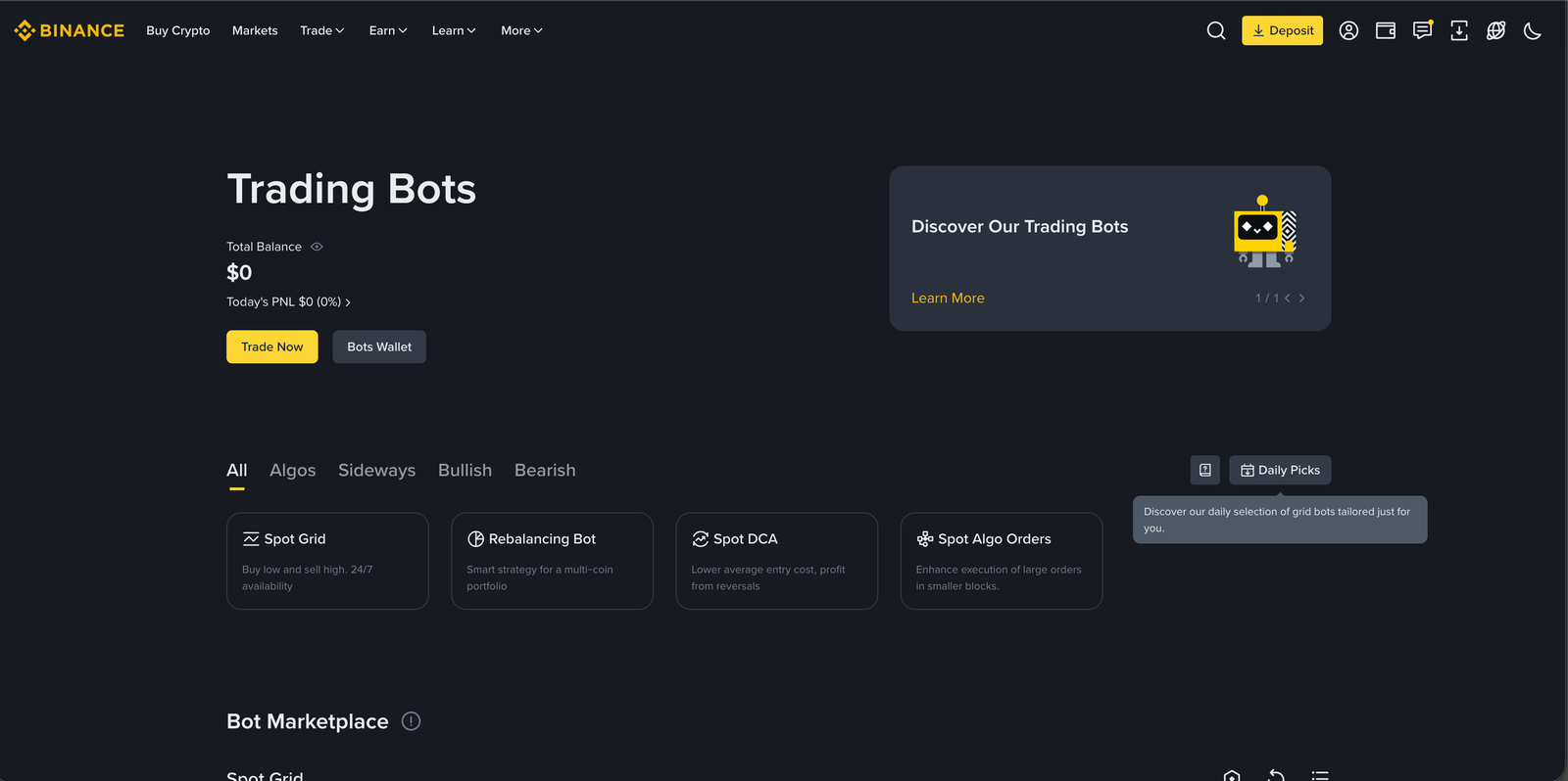 Binance trading bots dashboard screenshot