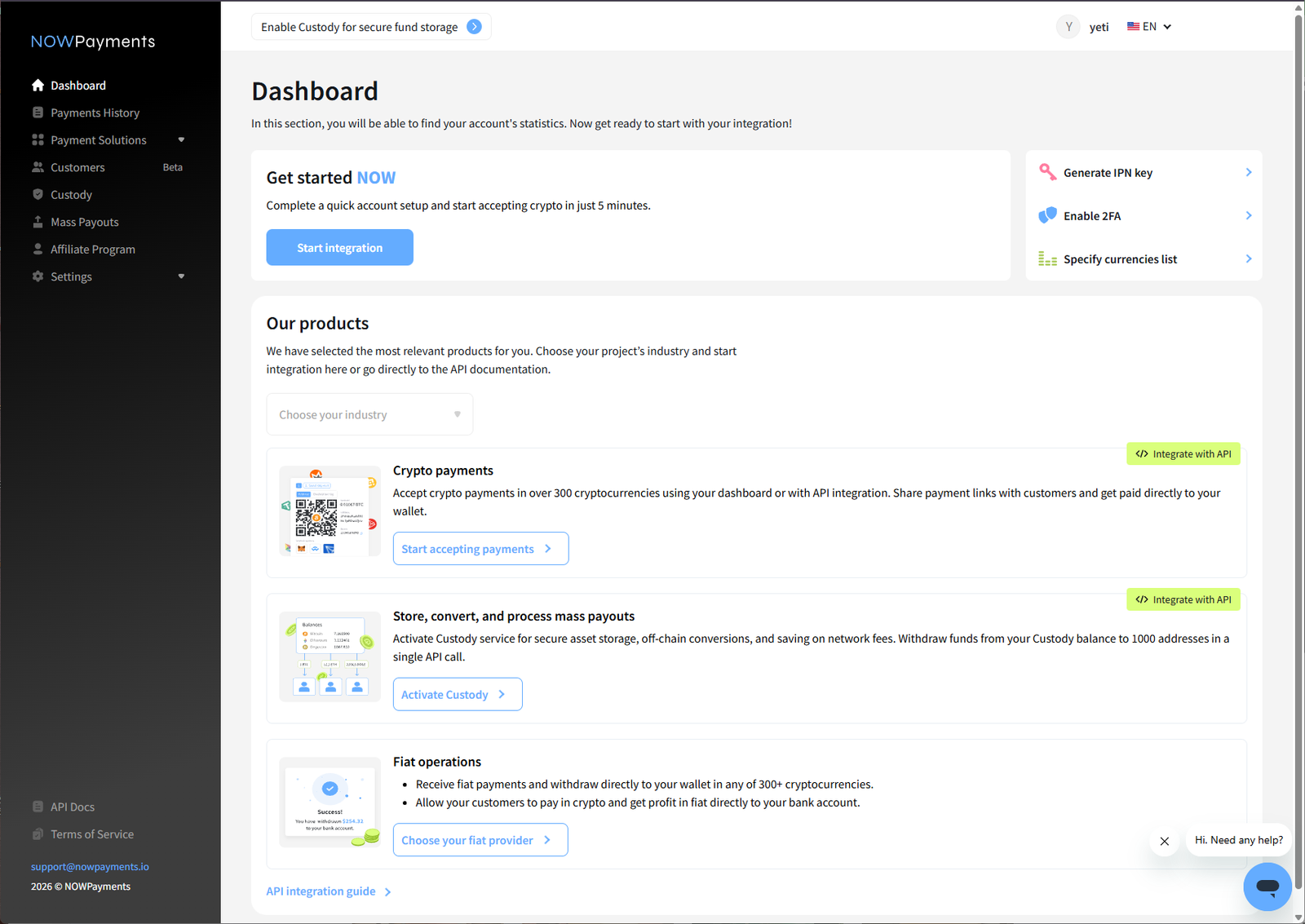 NOWPayments dashboard overview